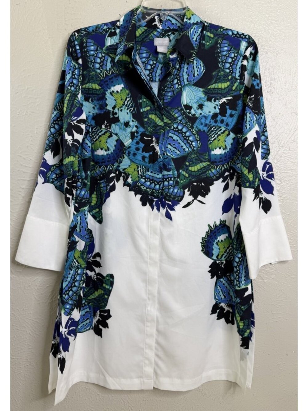 Chico's 0 (4/6) Butterfly Long Tunic Sleeve Floral Blue White-Button down EUC